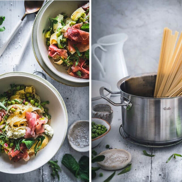 Schnelle Tagliatelle mit Erbsen, Ricotta und Parmaschinken