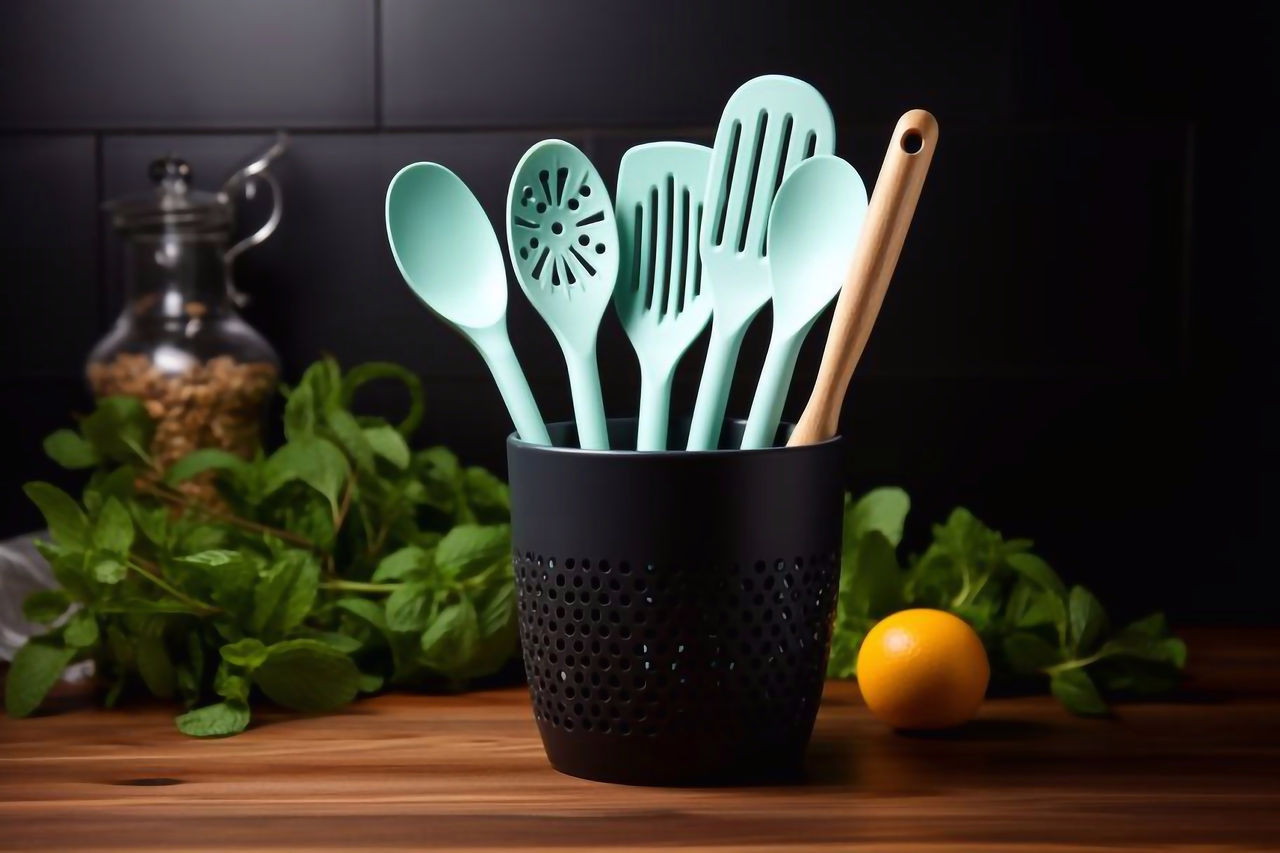 Kitchen utensils, home kitchen tools, mint rubber accessories on dark background. Restaurant, cooking, culinary, kitchen theme. Silicone spatulas and brushes, free copyspace for text